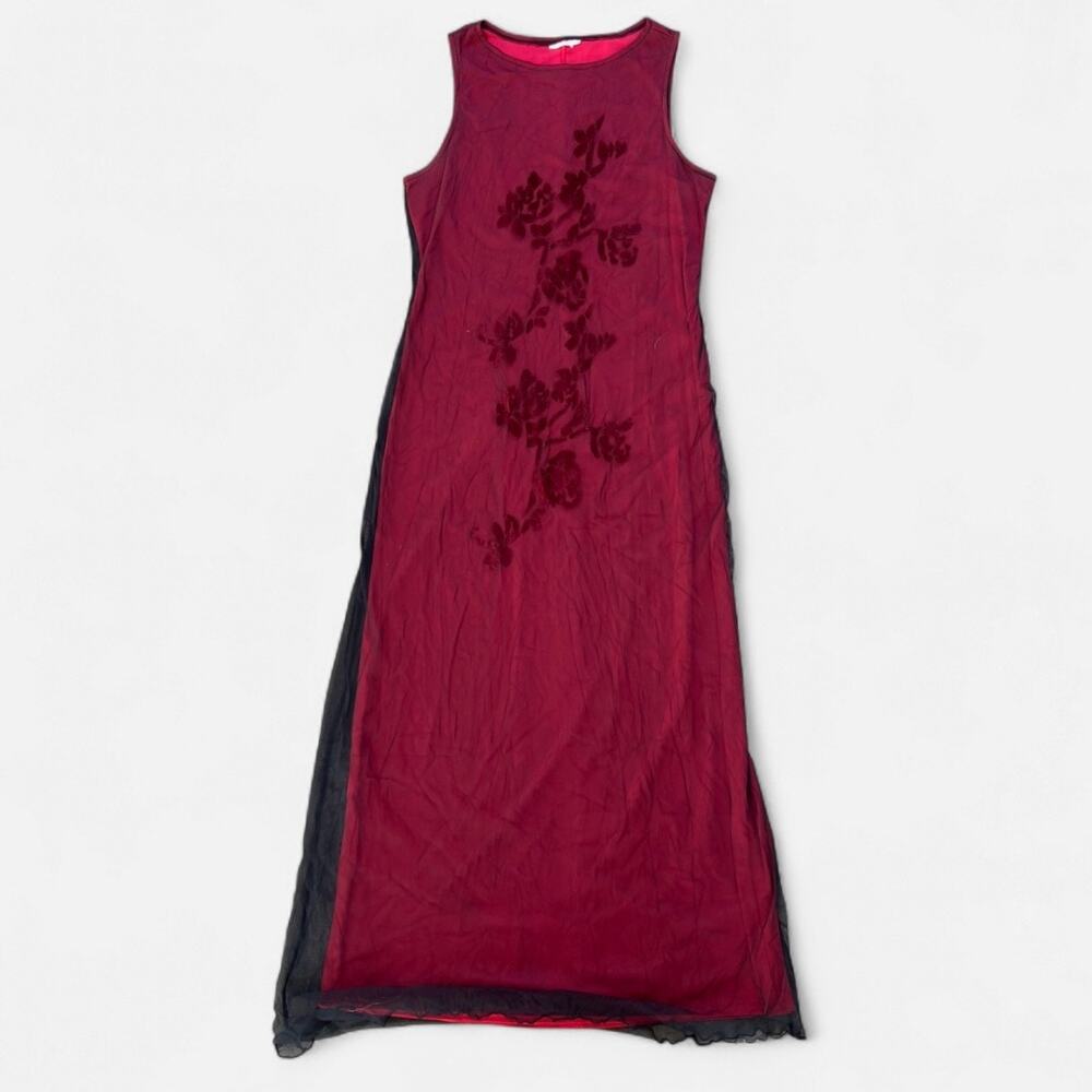 Vintage 90s Red and Black Velvet Floral Maxi Gown